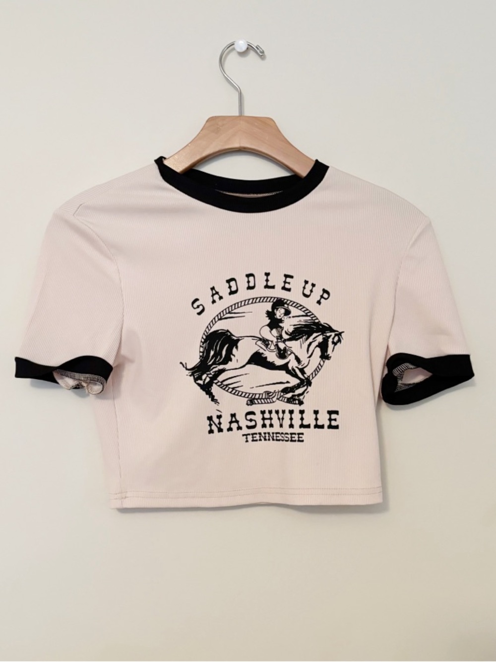 SHEIN Saddle Up Nashville Tennessee Ribbed Ringer Crop Tee Womens Size Medium
